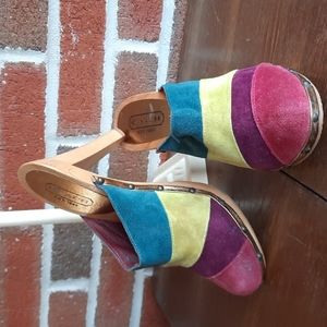 COACH Size 7 Wood Heeled Platform Rainbow Suede Clogs - Green Maroon Chartuese